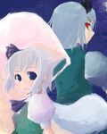  back-to-back black_ribbon blue_eyes blush dress dual_persona floating ghost green_dress hair_ribbon hitodama konpaku_youmu konpaku_youmu_(ghost) looking_at_viewer lowres multiple_girls puffy_short_sleeves puffy_sleeves red_eyes ribbon short_hair short_sleeves silver_hair touhou transient 