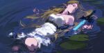 1girl bare_shoulders belt blonde_hair breasts colored_skin dress green_eyes highres ji_yuyun knee_up lily_pad long_hair lying master_sword medium_breasts on_back parted_lips partially_submerged pink_skin pointy_ears princess_zelda ripples solo strapless strapless_dress the_legend_of_zelda the_legend_of_zelda:_breath_of_the_wild water white_dress 