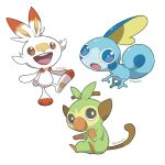  blue_eyes border bright_pupils brown_eyes character_name closed_mouth full_body grookey no_humans nostrils open_mouth pokemon pokemon_(creature) satotsu scorbunny simple_background sobble starter_pokemon_trio white_background white_border white_pupils 