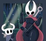 anthro arthropod balls black_body cape cloak clothing crossgender duo foreskin ftm_crossgender genitals hi_res hollow_knight horn hornet_(hollow_knight) male nipples penis poraka7 sewing_needle string team_cherry the_knight_(hollow_knight) thick_thighs vessel_(species)