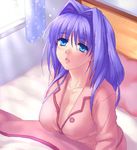  bed blue_hair breasts cleavage hair_intakes kanon large_breasts minase_akiko oekaki pajamas solo zen 