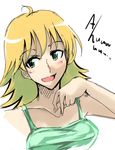  :d ahoge blonde_hair collarbone cosaten green_hair green_shirt hoshii_miki idolmaster idolmaster_(classic) idolmaster_1 long_hair looking_to_the_side open_mouth shirt smile solo 