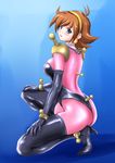  ass blue_eyes bodysuit breasts brown_hair bucho g_gundam gloves gundam hairband high_heels large_breasts latex latex_gloves legs mobile_trace_suit pink_bodysuit rain_mikamura shiny shiny_clothes shoes skin_tight solo thighhighs thighs tight 