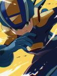  1boy 3suisousui absurdres blue_bodysuit blue_helmet bodysuit emblem green_eyes helmet highres mega_man_(series) mega_man_battle_network_(series) megaman.exe netnavi solo spiked_hair yellow_background 