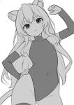  1girl :3 aisaka_taiga animal_ear_fluff animal_ears blush clenched_hand closed_mouth commentary covered_navel cowboy_shot elbow_gloves english_commentary gloves greyscale hair_between_eyes hand_on_own_hip hand_up highres leotard long_hair looking_at_viewer mikoscrub monochrome sketch solo tail tiger_ears tiger_tail toradora! 