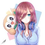  1girl ;) blue_background blue_cardigan blue_eyes breasts brown_background brown_hair cardigan cleavage closed_mouth commentary_request crossover go-toubun_no_hanayome headphones headphones_around_neck highres large_breasts long_hair long_hair_between_eyes long_sleeves looking_at_viewer multicolored_background nakano_miku on_shoulder one_eye_closed pink_background pokemon pokemon_(creature) pokemon_on_shoulder rowlet shirt signature smile solo white_shirt zeni_maru 