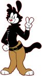 2017 alpha_channel animaniacs anthro belt black_belt black_body black_fur bottomwear brown_bottomwear brown_clothing brown_pants clothed clothing digital_drawing_(artwork) digital_media_(artwork) digitigrade dot_eyes flat_colors full-length_portrait fur gesture gloves hand_gesture hand_on_hip hand_on_own_hip handwear hindpaw inkblot jaspering male male_anthro mammal outline pants paws portrait red_nose red_outline smile solo standing tail topless v_sign warner_brothers white_clothing white_gloves white_handwear yakko_warner