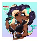 absurd_res breast_squish breasts cephalopod chuchujellyart cleavage clothed clothing crop_top female gradient_background hi_res humanoid marina_(splatoon) marine mollusk nintendo not_furry octarian octoling one_eye_closed pseudo_hair shirt simple_background solo splatoon squish strip_meme tentacle_hair tentacles topwear undressing