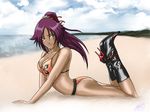  arm_support beach bikini bleach boots breasts cleavage dark_skin day duplicate high_heel_boots high_heels jon_kneeland medium_breasts ocean outdoors ponytail purple_hair shihouin_yoruichi shoes solo swimsuit yellow_eyes 