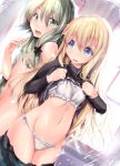  2girls backlighting bangs black_bow black_shirt black_skirt blonde_hair blush bow bow_bra bra breasts commentary_request day dutch_angle eyebrows_visible_through_hair gc3 goblin_slayer! green_eyes green_hair groin hair_between_eyes hair_bow hair_over_breasts high_elf_archer_(goblin_slayer!) highres lifted_by_self long_hair multiple_girls navel nude open_mouth panties priestess_(goblin_slayer!) ribbon-trimmed_bra shirt shirt_lift side-tie_panties skirt skirt_pull small_breasts standing sunlight underwear very_long_hair white_bra white_panties window 
