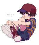  1boy artist_name baseball_cap black_hair child closed_mouth full_body haru-cho hat highres looking_at_viewer male_focus mother_(game) mother_2 ness_(mother_2) purple_eyes shirt shoes short_hair short_sleeves shorts signature simple_background sitting smile sneakers socks solo striped_clothes striped_shirt t-shirt twitter_username white_background 