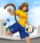  1girl ball blue_footwear blue_shorts blurry blurry_background circlet commentary english_commentary highres monkey_tail outdoors shirt short_hair short_sleeves shorts soccer_ball soccer_uniform socks solo son_biten spookoarts sportswear tail touhou white_socks yellow_shirt 