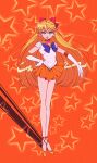  agirl aino_minako bishoujo_senshi_sailor_moon blonde_hair blue_bow blue_bowtie bow bowtie elbow_gloves full_body gloves hair_bow hand_on_own_hip high_heels highres long_hair looking_at_viewer magical_girl open_mouth orange_background orange_footwear orange_sailor_collar orange_skirt red_bow rumic_0620 sailor_collar sailor_senshi sailor_senshi_uniform sailor_venus shadow skirt solo standing star_(symbol) white_gloves 