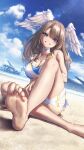  1girl absurdres barefoot beach bikini blue_eyes blush breast_tattoo breasts choker cleavage collar dutch_angle eunie_(xenoblade) feet hakusai_(hksicabb) head_wings highres indian_style large_breasts light_brown_hair looking_at_viewer medium_hair multicolored_bikini multicolored_clothes naughty_face simple_background sitting solo swimsuit tattoo white_background white_wings wings xenoblade_chronicles_(series) xenoblade_chronicles_3 