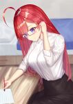  1girl adjusting_hair ahoge bed black_skirt blue_eyes breasts closed_mouth commentary_request glasses go-toubun_no_hanayome hair_ornament highres holding holding_pen indoors large_breasts long_hair nakano_itsuki nyaa28 paper pen red-framed_eyewear red_hair shirt shirt_tucked_in sitting skirt sleeves_rolled_up smile solo star_(symbol) star_hair_ornament white_shirt 