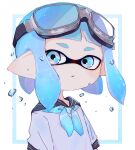  1girl absurdres blue_eyes blue_hair closed_mouth commentary_request goggles goggles_on_head highres inkling inkling_girl inkling_player_character inset_border koke_(banburu_be_x) medium_hair outside_border pointy_ears sailor_collar sailor_shirt shirt simple_background solo splatoon_(series) tentacle_hair upper_body white_background 