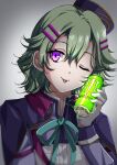  1girl can eiyuu_densetsu energy_drink green_hair green_ribbon hair_between_eyes highres konohannunopencil musse_egret one_eye_closed purple_eyes ribbon sen_no_kiseki short_hair solo tongue tongue_out 