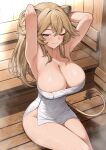  1girl animal_ears armpits arms_behind_head arms_up blonde_hair blue_eyes breasts cleavage covering_privates highres indoors large_breasts lion_ears lion_girl lion_tail long_hair naked_towel nude_cover one_eye_closed original presenting_armpit sauna sauna_ladle sitting smile solo sweat tail takunomi towel white_towel 