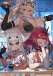  3girls absurdres baobhan_sith_(fate) bare_shoulders barghest_(fate) barghest_(ice_warrior)_(fate) bikini black_bikini black_gloves blonde_hair breasts cleavage cup earrings elbow_gloves fate/grand_order fate_(series) food forked_eyebrows gloves gold_trim green_eyes grey_eyes hair_ornament hair_scrunchie high_ponytail highres horns jewelry katsu_(katsupainter) large_breasts licking_lips long_hair looking_at_viewer melusine_(fate) multiple_girls open_mouth pink_hair pointy_ears scarf scrunchie shaved_ice sidelocks small_breasts smile spoon swimsuit tiara tongue tongue_out tray white_bikini white_hair white_scarf yellow_eyes 