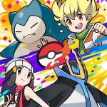  1boy 1girl absurdres barry_(pokemon) beak black_hair black_shirt blonde_hair blue_eyes bracelet claws clenched_hand collared_shirt commentary dawn dawn_(pokemon) empoleon fangs green_scarf grey_eyes highres holding holding_poke_ball jewelry long_hair looking_at_another multicolored_background official_art open_hand open_mouth orange_eyes pink_scarf poke_ball poke_ball_(basic) poke_ball_print poke_ball_symbol pokemon pokemon_(creature) pokemon_dppt print_headwear scarf shirt sleeveless sleeveless_shirt smile snorlax striped_clothes striped_shirt teeth tongue upper_teeth_only white_hat 