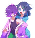  2girls black_hair blue_eyes blush dot_(pokemon) eyelashes from_behind green_pants hair_ornament hair_over_eyes hairclip jacket liko_(pokemon) multicolored_hair multiple_girls open_clothes open_mouth pants pink_hair pokemon pokemon_(anime) pokemon_horizons purple_eyes purple_hair seiun_(hoshigumo_72) shirt short_hair smile sweat sweatdrop tank_top white_shirt 