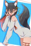  1girl :d \m/ animal_ear_fluff black_hair blue_background blush border carmine_(pokemon) colored_inner_hair commentary_request crossed_bangs eyelashes grey_shirt grid_background hair_between_eyes hasu_175 highres kemonomimi_mode leaning_forward looking_at_viewer mole mole_under_eye multicolored_hair open_mouth outside_border pokemon pokemon_sv red_hair shirt simple_background sleeves_past_wrists smile solo sweat tail two-tone_hair white_border yellow_eyes 
