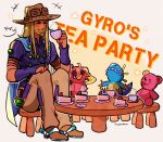  1boy absurdres artist_name blonde_hair boots cake character_doll commentary cowboy_boots cowboy_hat cup english_commentary facial_hair food gloves goggles goggles_on_headwear gold_teeth green_lips grin gyro_zeppeli hat highres holster huyandere jojo_no_kimyou_na_bouken long_hair male_focus plate scary_monsters_(stand) signature single_glove sitting smile solo steam steel_ball_(jojo) steel_ball_run stool stuffed_animal stuffed_dinosaur stuffed_toy table tea_party teacup teddy_bear tusk_(stand) tusk_act1 
