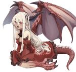  1girl ascot bare_shoulders black_ascot black_claws black_horns breasts cleavage detached_sleeves dragon_claw dragon_girl dragon_horns dragon_tail dragon_wings dress frills horns lace_trim long_hair multicolored_hair open_mouth original pointy_ears red_dress red_eyes red_hair red_scales red_wings sapota_clone simple_background sitting solo tail white_background wings 
