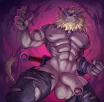 abs anthro balls bandai_namco blonde_hair blue_eyes clawed claws clothed clothing digimon digimon_(species) foreskin genitals glans hair hi_res humanoid_genitalia humanoid_penis leomon looking_at_viewer low-angle_view male mane muscular muscular_anthro muscular_male nipples nurinaki partially_retracted_foreskin pecs penis smile smiling_at_viewer solo tail topless torn_clothing