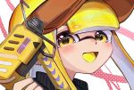  1girl :d blonde_hair close-up glooga_dualies_(splatoon) glue_gun gun highres holding holding_gun holding_weapon inkling inkling_girl inkling_player_character knr_2 long_hair looking_at_viewer open_mouth red_background smile solo splatoon_(series) splatoon_3 tentacle_hair two-tone_background weapon white_background yellow_eyes 