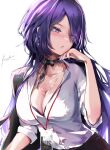  1girl absurdres acheron_(honkai:_star_rail) black_bra black_choker bra bra_peek breasts business_suit choker cleavage earrings eyes_visible_through_hair hair_over_one_eye hand_on_own_chin highres honkai:_star_rail honkai_(series) jewelry keyokku lanyard large_breasts light_blush long_hair looking_to_the_side nail_polish necklace open_clothes parted_lips purple_eyes purple_hair purple_nails ribbon_choker shirt signature simple_background solo suit twitter_username underwear upper_body white_background white_shirt 