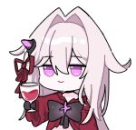  1girl alcohol black_bow black_gloves bow chibi closed_mouth commentary cup dress drinking_glass gloves grey_hair hair_between_eyes hair_intakes hair_ribbon holding holding_cup honkai_(series) honkai_impact_3rd jitome komi_(mayu_eo22) long_hair long_sleeves pink_eyes red_dress red_ribbon ribbon simple_background smile solo thelema_(honkai_impact) upper_body very_long_hair white_background wide_sleeves wine wine_glass 
