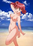  arm_behind_head arm_up beach blush breasts brown_eyes cloud day hinata_natsumi keroro_gunsou medium_breasts navel nipples nude open_mouth outdoors pussy red_hair solo twintails 