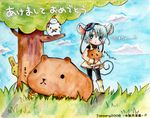  2008 akeome animal_ears bear bird blue_eyes blue_hair bunny capybara capybara-san chinese_zodiac copyright_request dress happy_new_year mouse_ears nature new_year popurieru short_hair solo thighhighs year_of_the_rat 