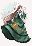  1girl brown_hair dress frilled_dress frills full_body green_dress green_eyes head_scarf heterochromia highres holding holding_watering_can long_hair looking_to_the_side pine_(pineapple5459) red_eyes rozen_maiden smile solo suiseiseki very_long_hair watering_can 