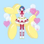  1girl balloon balloon_animal blue_background blue_hair boots bow closed_eyes closed_mouth dress facing_viewer feathered_wings full_body hair_bow hands_up heart heart_balloon heart_print highres interlocked_fingers knee_boots nyaasechan own_hands_together pretty_rhythm pretty_rhythm_rainbow_live pretty_series rinne_(pretty_rhythm) short_hair sleeveless sleeveless_dress smile solo standing straight-on white_dress white_footwear white_wings wings 