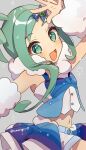  1girl :d ahoge arm_up arm_warmers asymmetrical_sidelocks blush buttons commentary_request eyelashes green_eyes green_hair grey_background happy highres lisia_(pokemon) looking_at_viewer navel open_mouth overskirt pokemon pokemon_oras scarf shorts sidelocks smile solo sumeragi1101 white_scarf white_shorts 