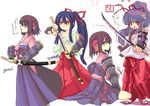  alternate_costume alternate_hairstyle blue_eyes brown_hair character_request collaboration flower green_eyes hair_flower hair_ornament hair_ribbon hakama hakama_skirt hakurei_reimu japanese_clothes k_(li) katana multiple_girls ponytail purple_eyes red_hakama red_ribbon ribbon sarashi sayuu_hanten simple_background sketch sword touhou translation_request weapon white_background yellow_eyes 