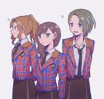  3girls arms_at_sides arms_behind_back black_necktie blue_eyes blue_jacket braid brown_hair brown_scrunchie brown_skirt closed_mouth collared_shirt commentary cowboy_shot grey_background hair_ornament hair_over_shoulder hair_scrunchie highres honami_hisame jacket light_smile long_hair long_sleeves looking_afar looking_ahead loose_necktie minase_suzu motion_lines multiple_girls necktie notice_lines open_clothes open_jacket parted_bangs parted_lips plaid plaid_jacket ponytail profile purple_eyes rei931218 school_uniform scrunchie shirt shirt_tucked_in short_hair shoujo_kageki_revue_starlight side-by-side sidelocks simple_background single_braid skirt standing v-shaped_eyebrows white_shirt yanagi_koharu 