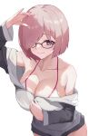  1girl absurdres arm_up bare_shoulders bikini bikini_under_clothes bob_cut breasts closed_mouth collarbone fate/grand_order fate_(series) glasses hair_over_one_eye hasu_no_shiro highres jacket jewelry large_breasts mash_kyrielight off_shoulder pink_hair purple_eyes ring short_hair simple_background smile solo swimsuit track_jacket unzipping white_background white_bikini zipper_pull_tab 