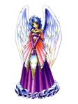  90s angel_wings artist_request blue_hair breath_of_fire breath_of_fire_ii dress green_eyes mina_wyndia official_art solo white_background white_wings wings 