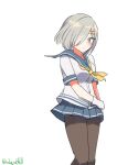  1girl absurdres black_pantyhose blue_eyes feet_out_of_frame gloves grey_hair grey_sailor_collar grey_skirt hair_ornament hair_over_one_eye hairclip hamakaze_(kancolle) highres kantai_collection looking_at_viewer neckerchief one-hour_drawing_challenge pantyhose robinson_(day_l_full) sailor_collar school_uniform serafuku short_hair short_sleeves skirt solo white_gloves yellow_neckerchief 