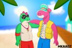  absurd_res anthro blue_clothing blurred_background brawl_stars buzz_(brawl_stars) clothing dinosaur doug_(brawl_stars) duo eyewear flute green_body green_skin hi_res life_jacket male male/male mkaiast muscular musical_instrument palm_tree pink_body pink_skin plant red_clothing reptile scalie sunglasses supercell_(company) swimming_trunks swimwear tree visor water wind_instrument woodwind_instrument yellow_clothing 