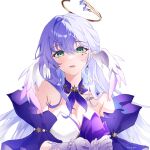  1girl aqua_eyes banban33 bare_shoulders bracelet breasts cleavage detached_sleeves earrings facial_mark gloves hair_between_eyes halo head_wings highres honkai:_star_rail honkai_(series) jewelry long_hair looking_at_viewer parted_lips purple_hair purple_wings robin_(honkai:_star_rail) short_sleeves simple_background solo white_background white_gloves white_wings wings 