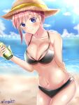  1girl arm_behind_back beach bikini black_bikini blue_eyes blue_sky breasts can cleavage closed_mouth cloud collarbone commentary_request go-toubun_no_hanayome hair_behind_ear hat highres holding holding_can large_breasts nakano_ichika navel ocean outdoors pink_hair short_hair single_sidelock sky smile solo straw_hat suzuka_(suzukawu) swimsuit twitter_username 