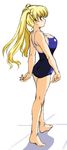  barefoot blonde_hair blush breasts cleavage hands huge_breasts kamia_(not_found) long_hair matsuoka_kiyone one-piece_swimsuit original red_eyes sketch solo swimsuit twintails 