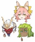  :3 animal_ear_fluff animal_ears armor berserker_(fate/samurai_remnant) blue_eyes bow chibi chibi_only dark-skinned_male dark_skin fate/samurai_remnant fate_(series) finger_heart fox_ears fox_girl green_hair hair_bow helmet highres horns japanese_armor kabuto_(helmet) long_hair looking_at_viewer no_nose pink_hair red_mask rogue_saber_(fate/samurai_remnant) smile tamamo_(fate) tamamo_aria_(fate) thumbs_up wataru_rei yellow_bow 