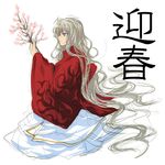  blue_eyes branch cherry_blossoms grey_hair hara_takehito japanese_clothes kimono long_hair new_year original simple_background solo very_long_hair wavy_hair white_background 