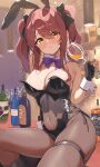  1girl absurdres animal_ears bar_(place) bare_shoulders black_gloves black_leotard blush bottle bow bowtie breasts brown_pantyhose cleavage closed_mouth commentary cup detached_collar drinking_glass fake_animal_ears gloves hair_between_eyes hand_up highres holding holding_cup idolmaster idolmaster_shiny_colors large_breasts leotard looking_at_viewer osaki_tenka pantyhose purple_bow purple_bowtie rabbit_ears red_hair side-tie_leotard sitting solo thigh_strap wanimaru white_wrist_cuffs wine_bottle wrist_cuffs yellow_eyes 