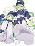  2girls absurdres armband blue_archive blue_armband blue_jacket blue_shorts buttons commentary double-breasted fang feet foot_focus foreshortening gloves green_hair green_halo halo hands_up highres hikari_(blue_archive) holding holding_tablet_pc jacket kilabo long_hair multiple_girls no_shoes nozomi_(blue_archive) pantyhose pantyhose_under_shorts pointy_ears shirt short_shorts shorts siblings simple_background sisters skin_fang soles squatting stepping symbol-only_commentary tablet_pc toes twintails very_long_hair white_background white_gloves white_pantyhose white_shirt yellow_eyes 